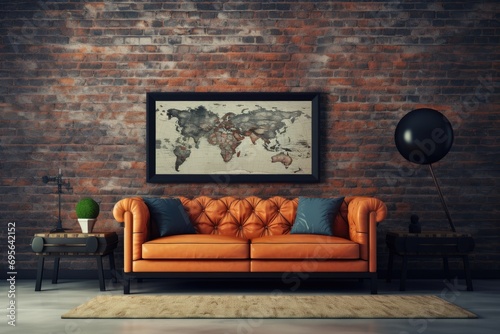 Empty room with leather sofa and a brick wall behind it