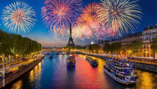 Feux d'artifice à Paris avec des bateaux qui défilent sur la Seine