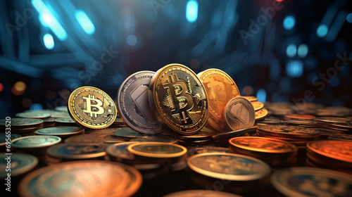 Cryptocurrency coins on a technology themed background.