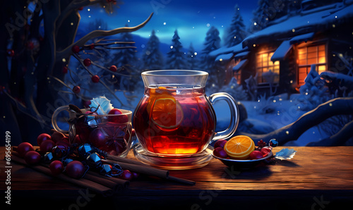 Mulled wine holiday with orange and cinnamon sitting in a cup