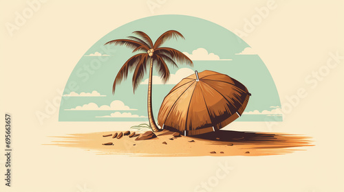 A tropical and refreshing illustration featuring a coconut shell with a straw and an umbrella, creating a laid-back and beachy vibe