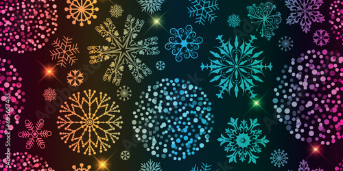 Vector seamless festive pattern with rainbow gradient balls and snowflakes and stars on a black background
