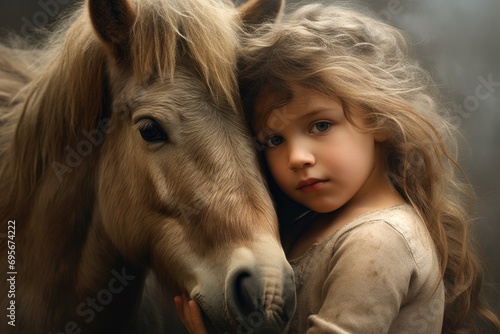 beautiful little girl hugging a little horse