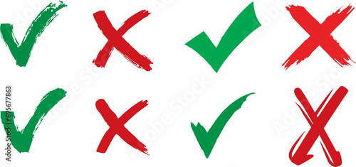 Check mark and cross in high HD resolution on white background. Tick icons set. Stylish check mark icon set in green and red color. Hand drawn art work, easy to reuse.