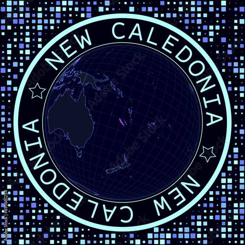 New Caledonia on globe vector. Futuristic satelite view of the world centered to New Caledonia. Geographical illustration with shape of country and squares background.