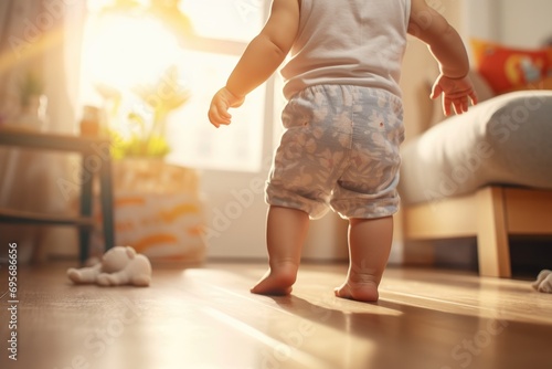 Toddler taking first steps in sunlit room. Childhood development and milestones.