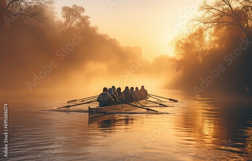 Sculling as a team on a lake.