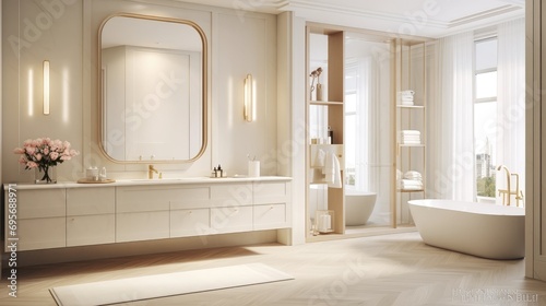 A spacious newly designed bathroom with a large white mirror and bright lighting. Generative Ai