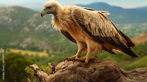 Estremadura, Griffon vulture in a detailed portrait, standing on a rock. Generative AI