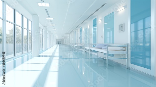 Long hospital bright corridor with rooms and seats 