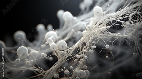 Macro photograph shows an extensive network of microscopic mycelium fungal in a white-gray image