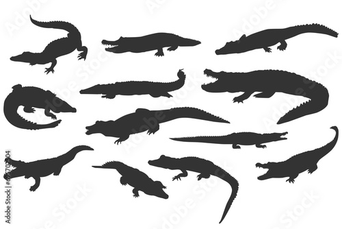 Set of crocodile silhouette, reptile, alligator, predator