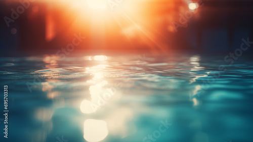 Sunset over water in a swimming pool. Blurred background