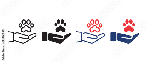 Animal Paw and Human Hand Icon. Animal Donation, Care and Protection concept. Adoption of Pets, Shelter, Charity Icon. Animal welfare Pictogram. Editable Stroke. Vector illustration.