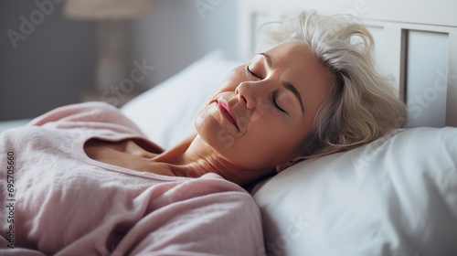middle aged woman lying in bed can't sleep late at morning 