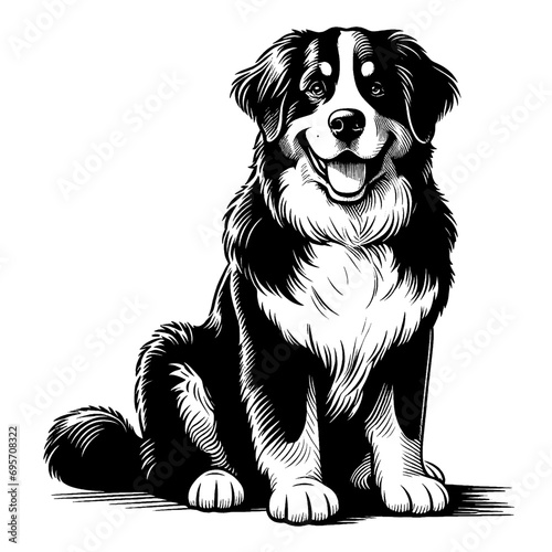 Full-length sitting Bernese Mountain dog portrait. Hand Drawn Pen and Ink. Vector Isolated on White. Engraving vintage style illustration for print, tattoo, t-shirt, coloring book