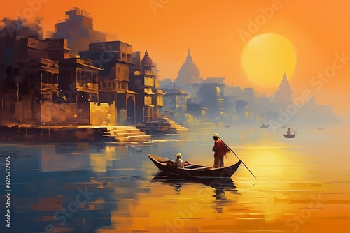 Oil painting on canvas, Ancient Varanasi city architecture at sunrise with view of sadhu baba enjoying a boat ride on river Ganges. India