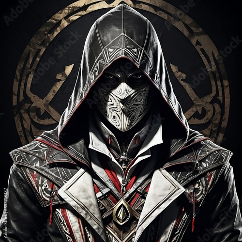 Assassin creed cover metal abstract black background retro tribal costume. Generative AI