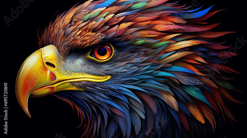 image of the head of an eagle, smoke effect, intricate details of the feathers, very detailed, 3D sparkling effect. detailed illustration with colorful feathers, Generate AI.