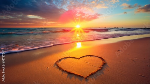 rainbow at sunset sea and heart symbol on sand romantic nature landscape