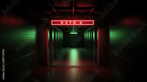 emergency exit sign glowing in a dark corridor