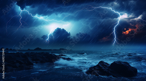 intense lightning storm over an ocean