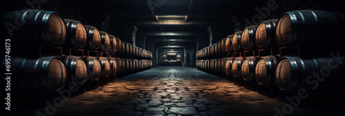 Wine or cognac barrels in the cellar of the winery.