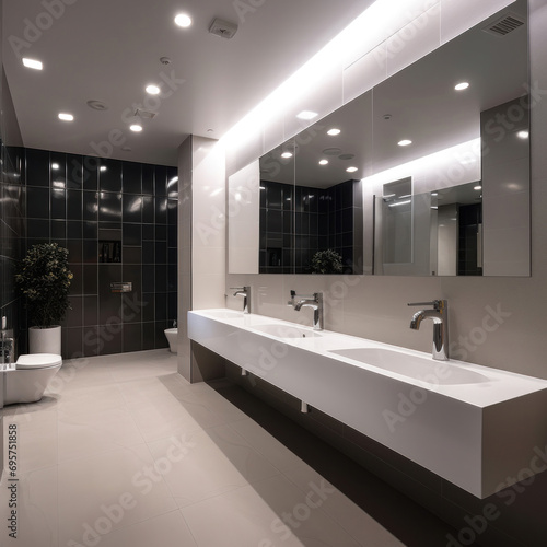 Interior of bathroom with sink basin faucet lined up and public toilet urinals, Modern design.