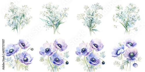 watercolor baby's breath flowers and anemone flowers Artificial Intelligence Generative