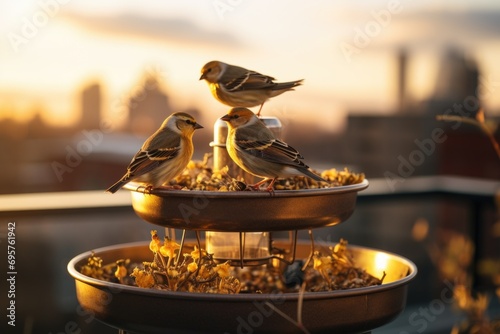 Two birds sitting on top of a bird feeder. Perfect for nature and birdwatching enthusiasts