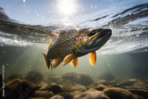 A brown trout swimming gracefully in clear water. Ideal for nature and wildlife enthusiasts
