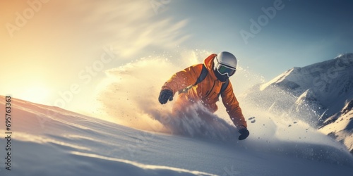 A man in an orange jacket snowboarding down a mountain. Perfect for winter sports and adventure-themed designs