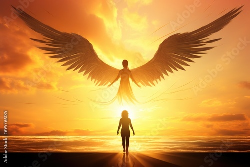A person standing in front of a beautiful sunset, with wings on their back. This image can be used to represent freedom, dreams, or the pursuit of goals