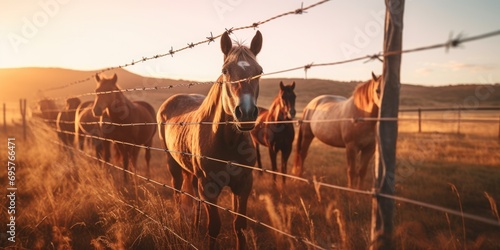 Horses standing together behind a sturdy barbed wire fence. This image can be used to depict confinement, freedom, or the beauty of nature