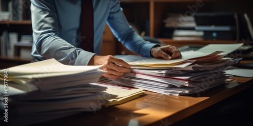 Close-up of a business professional's hands organizing a stack of paperwork on a desk.