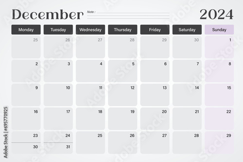 December 2024 calendar or desk planner in soft gray and purple colors with empty note lines, weeks start on Monday, vector illustration design