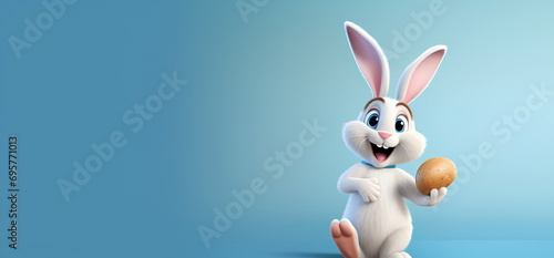 an easter bunny posing with easter eggs on a blue background with copy space, a backdrop for sales and marketing