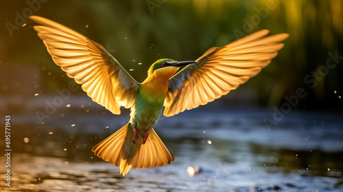 Sunlit Soar: Vibrant Blue-Tailed Bee-Eater in Aerial Spectacle