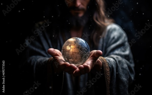 Jesus holding the world with dark background