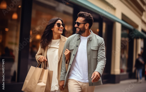 Happy indian couple enjoying shopping together.
