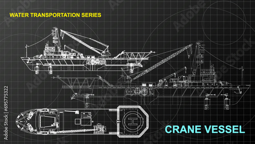 Crane vessel model. Line art sketch wallpaper of water transportation series. Drafting art. Grid lines drawing against dark background. 