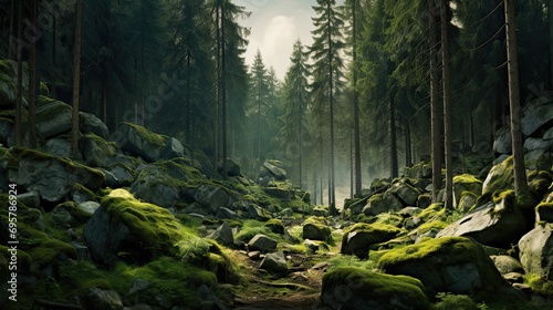 wilderness landscape forest with pine trees and moss