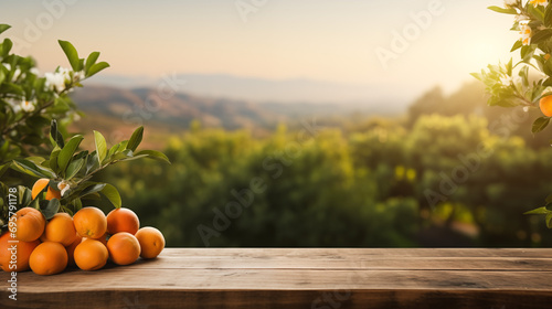 oranges fruits on wooden table with farms views background for products montage, healthy food collection for represent concept of organic fruits, fresh ingredient, food and wellness theme