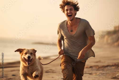 A young European man laughing while walking his dog on a beach.