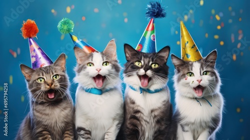 Happy Birthday, carnival, New Year's Eve, Sylvester, or any festive celebration with this humorous card, starring a cat wearing a party hat and sunglasses on a blue background with confetti