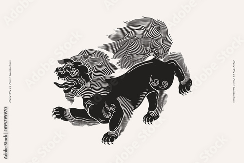 Black sky lion on a light isolated background. Traditional mythical animal of Chinese and Tibetan culture. Linocut style vector illustration.