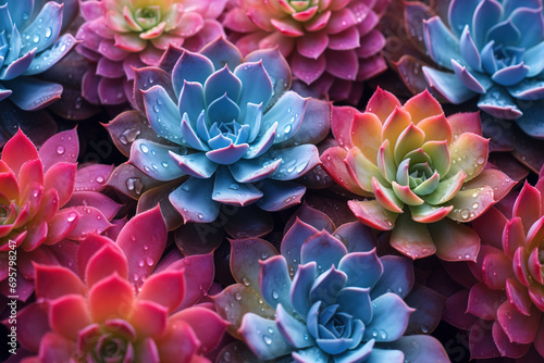 Closeup colourful succulent plants on water drops background. Generative AI