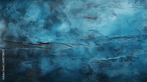 An abstract painting featuring a striking combination of turquoise and blue hues, with a prominent blue and brown stone at its center