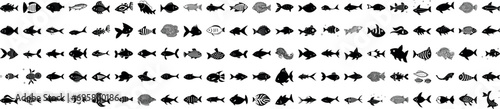 A collection of stylized fish in vector format, rendered in monochrome black and white with varying designs.