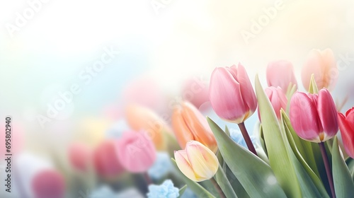 Bouquet of multicolored tulips on a beautiful blurred background, copy space.